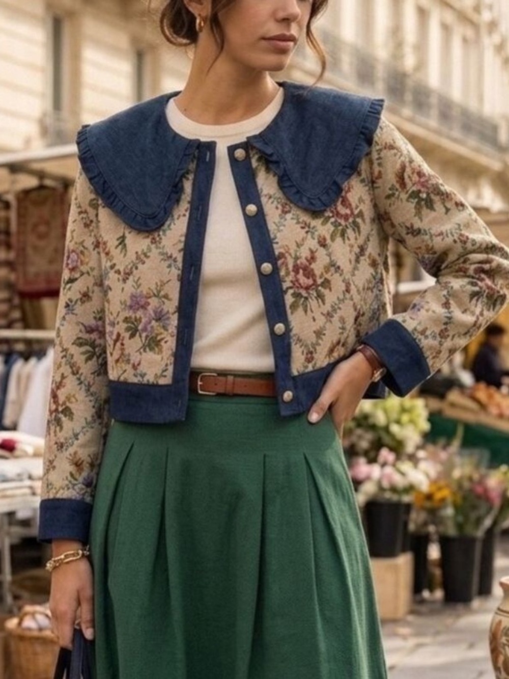 Jacquie The Label Floral Tapestry Cropped Jacket w/ Ruffled Denim Collar & Trim